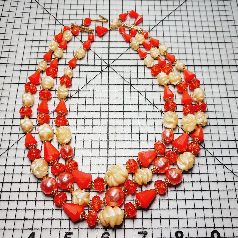 Necklace VTG Multi Strand Coral Orange Faux Pearl Lucite Bead Runway Mid Century